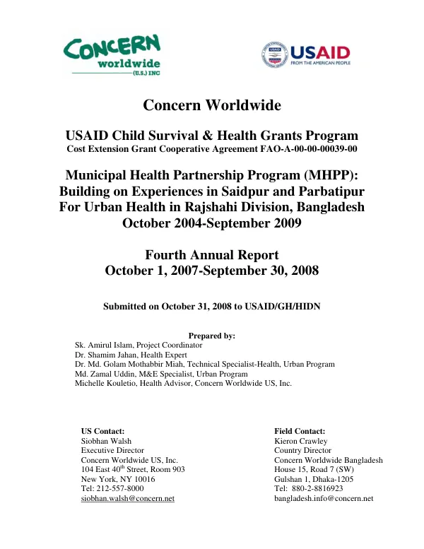 Municipal health partnership program (MHPP) : building on experiences in Saidpur and Parbatipur for urban healh in Rajshahi Division, Bangladesh, October 2004-September 2009 -- fourth annual report, October 1, 2007-September 30, 2008