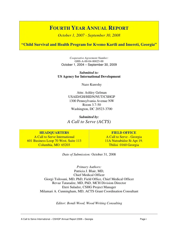 Fourth year annual report October 1, 2007-September 30, 2008 : "child survival and health program for Kvemo Kartli and Imereti, Georgia"
