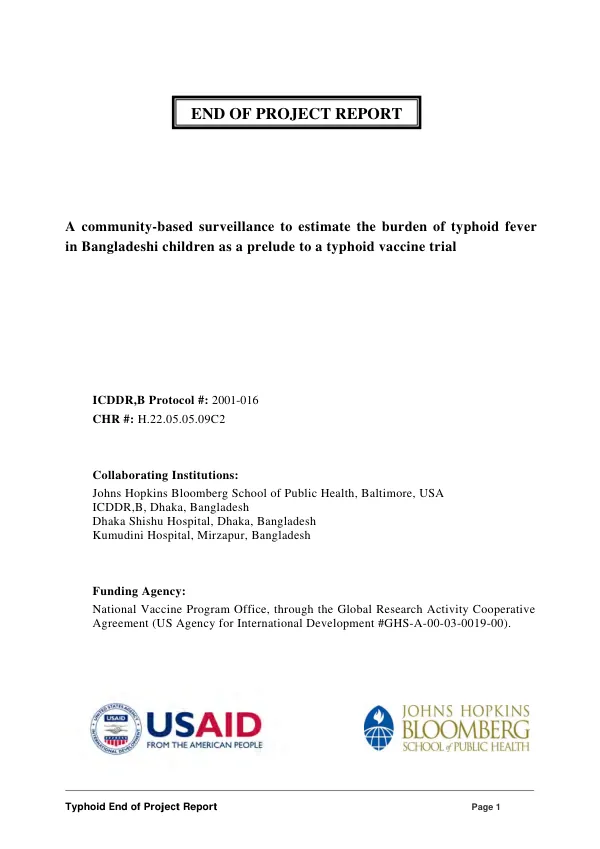 End of project report : a community-based surveillance to estimate the burden of typhoid fever in Bangladeshi children as a prelude to a typhoid vaccine trial