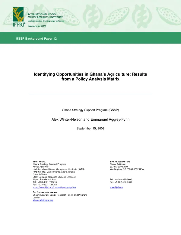 Identifying opportunities in Ghana"s agriculture : results from a policy analysis matrix
