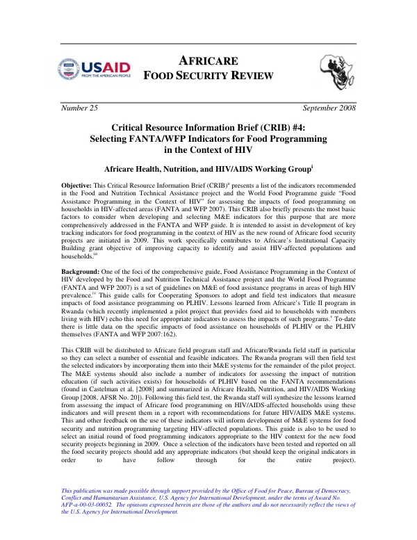 Critical resource information brief (CRIB) #4 : selecting FANTA/WFP indicators for food programming in the context of HIV