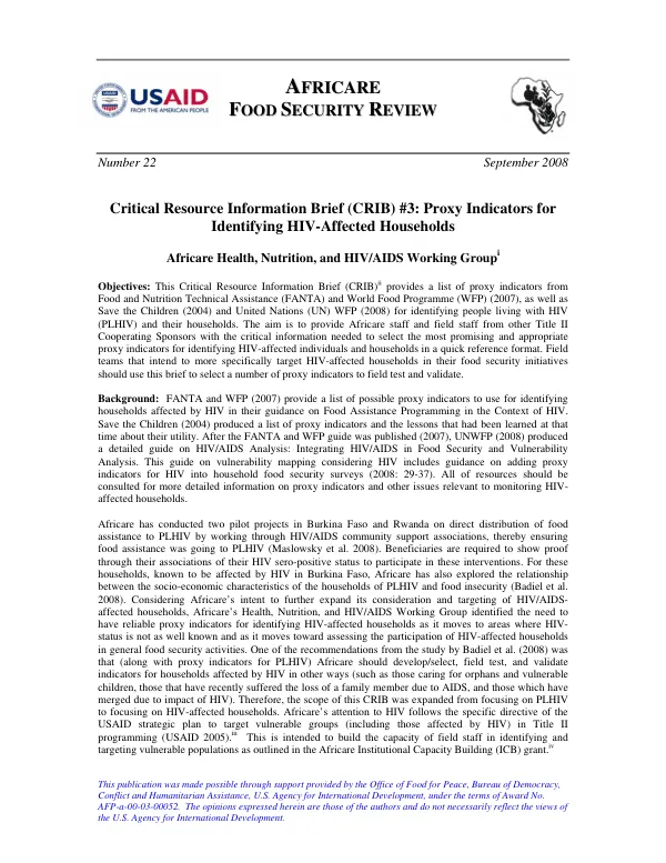 Critical resource information brief (CRIB) #3 : proxy indicators for identifying HIV-affected households