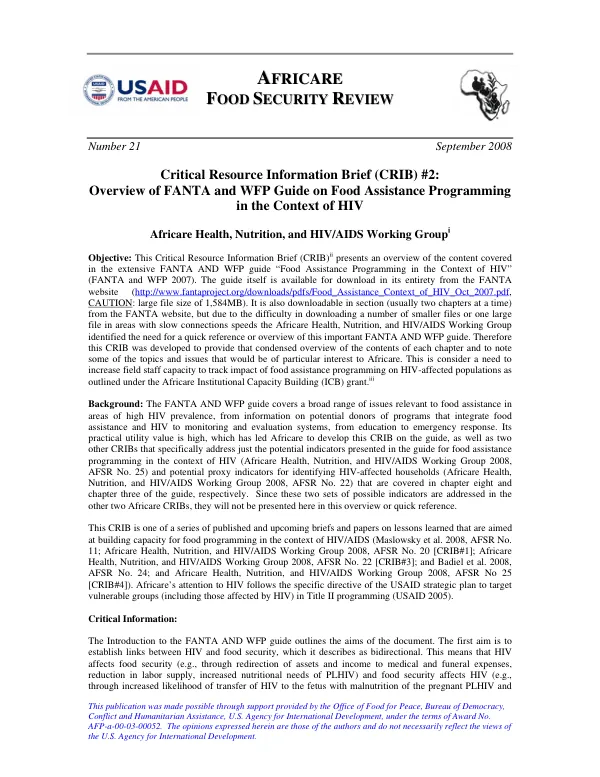 Critical resource information brief (CRIB) #2 : overview of FANTA and WFP guide on food assistance programming in the context of HIV