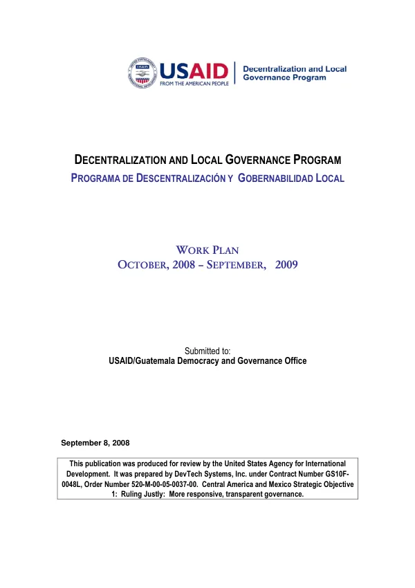 Decentralization and local governance program (programa de descentralizacion y gobernabilidad local) : work plan - October, 2008-September, 2009
