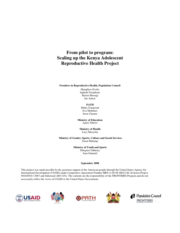 From pilot to program : scaling up the Kenya adolescent reproductive health project