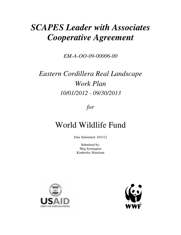 Eastern Cordillera real landscape : work plan, 10/01/2012-09/30/2013 for World Wildlife Fund