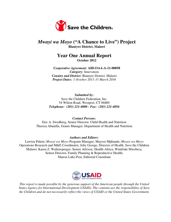 Mwayi wa Moyo ("A chance to live") project, Blantyre District, Malawi : year one annual report
