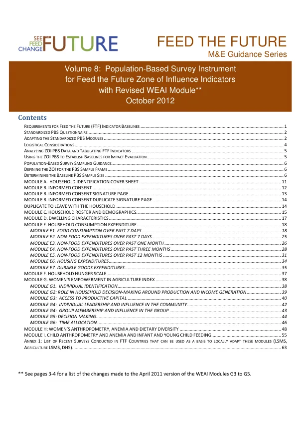 Population-based survey instrument for Feed the Future zone of influence indicators with revised WEAI module