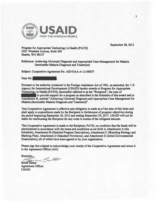 Achieving universal diagnosis and appropriate case management for malaria, cooperative agreement no. AID-OAA-A-12-00057 with Program for Appropriate Technology in Health (PATH)
