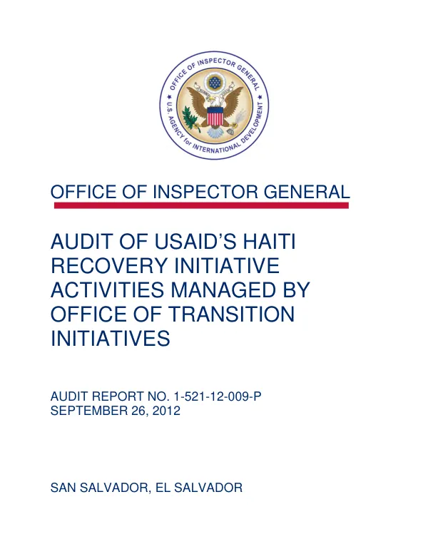 Audit of USAID"s Haiti recovery initiative activities managed by Office of Transition Initiatives