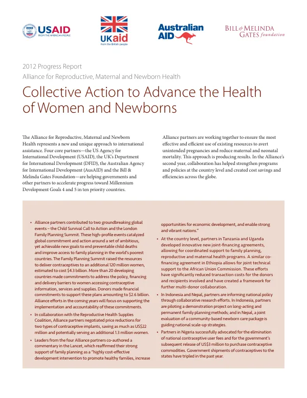Collective action to advance the health of women and newborns : 2012 progress report