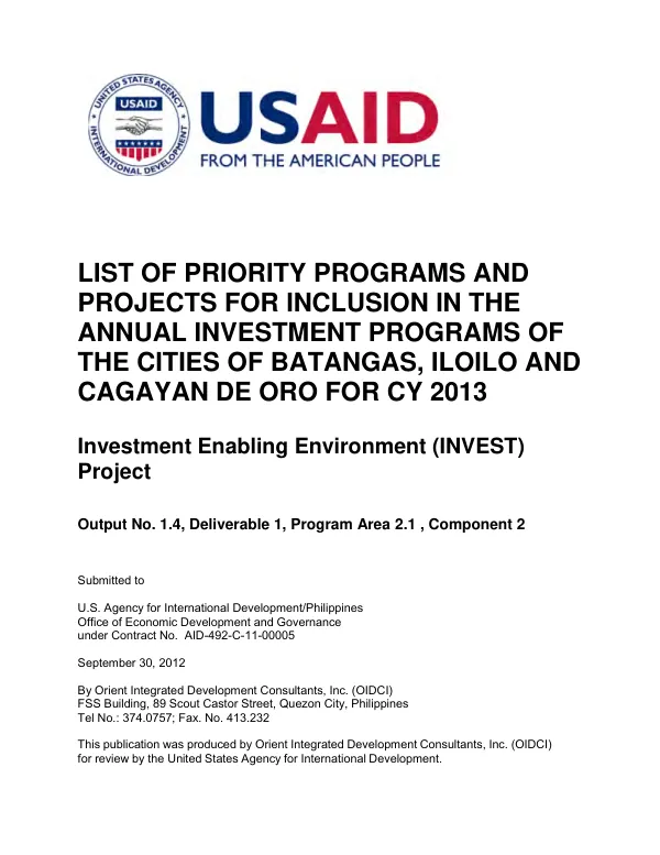 List of priority programs and projects for inclusion in the annual investment programs of the cities of Batangas, Iloilo and Cagayan de Oro for CY2013