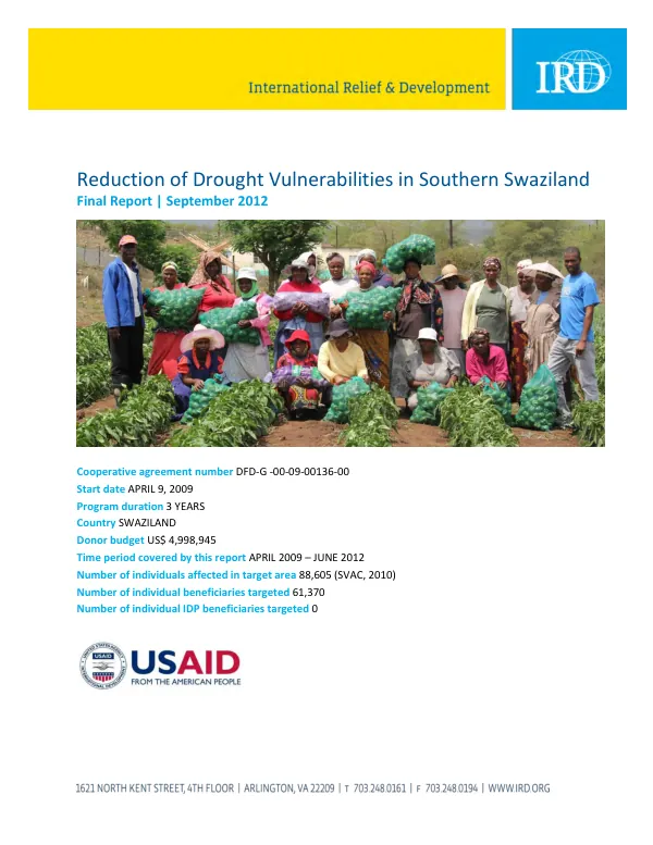 Reduction of drought vulnerabilities in southern Swaziland : final report, [April 2009-June 2012]