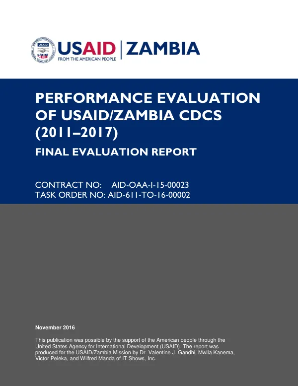 Performance evaluation of USAID/Zambia CDCS (2011-2017) : final evaluation report