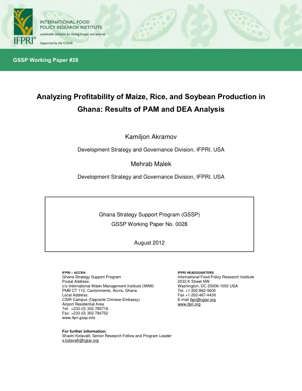 Analyzing profitability of maize, rice, and soybean production in Ghana : results of PAM and DEA analysis