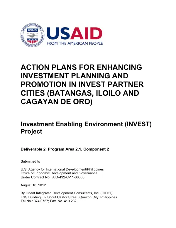 Action plans for enhancing investment planning and promotion in INVEST partner cities (Batangas, Iloilo and Cagayan de Oro)