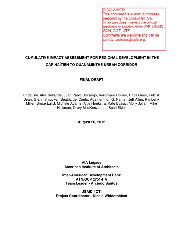 Cumulative impact assessment for regional development in the Cap-Haitien to Ouanaminthe urban corridor