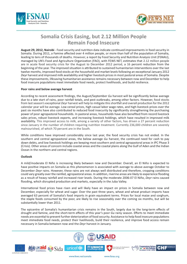 Somalia crisis easing, but 2.12 million people remain food insecure