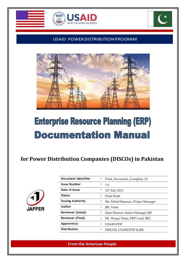 USAID power distribution program : enterprise resource planning (ERP) documentation manual for power distribution companies (DISCOs) in Pakistan