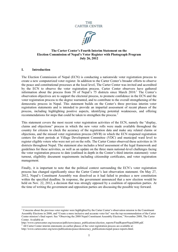 The Carter Center"s fourth interim statement on the Election Commission of Nepal"s voter register with photograph program