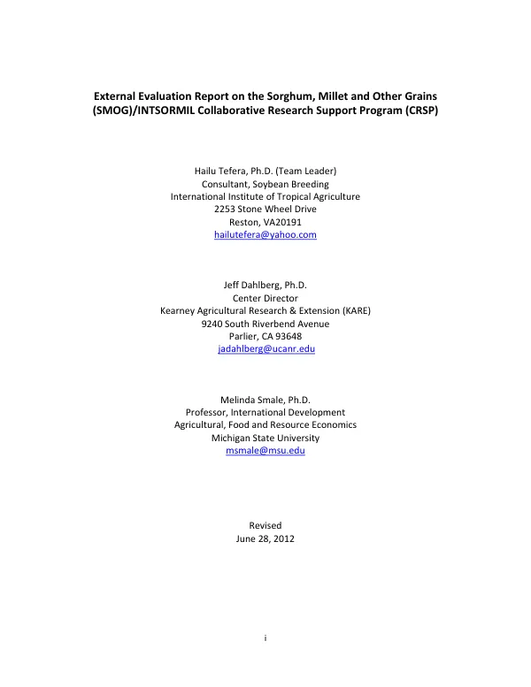 External evaluation report on the sorghum, millet and other grains (SMOG)/INTSORMIL collaborative research support program (CRSP)