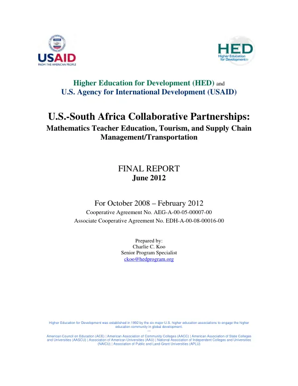 U.S.-South Africa collaborative partnerships : mathematics teacher education, tourism, and supply chain management/transportation : final report .... for October 2008-February 2012