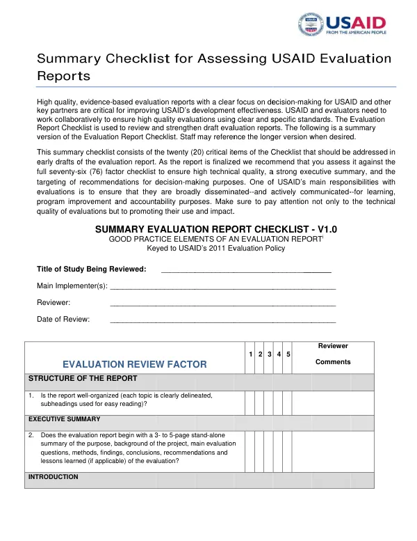 Summary checklist for assessing USAID evaluation reports