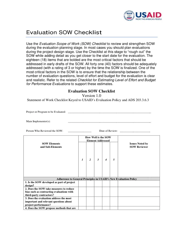Evaluation SOW checklist
