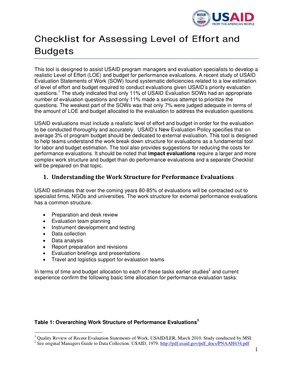 Checklist for assessing level of effort and budgets