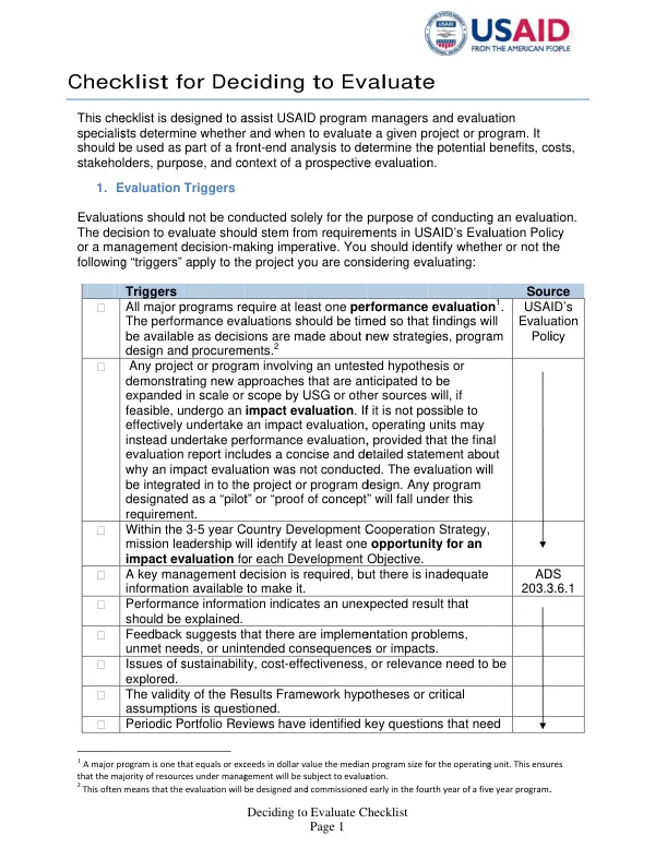 Checklist for deciding to evaluate