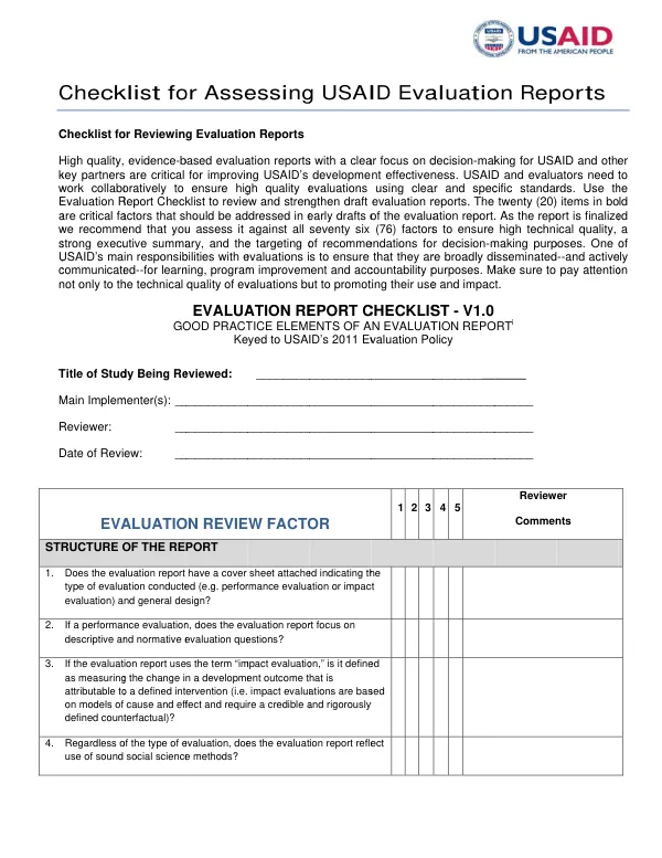Checklist for assessing USAID evaluation reports