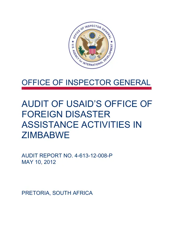 Audit of USAID"s Office Of Foreign Disaster Assistance activities in Zimbabwe