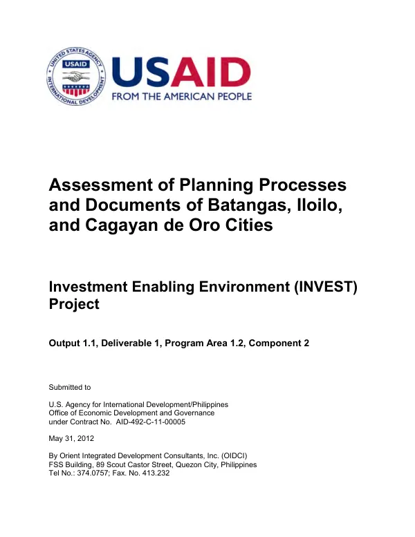 Assessment of planning processes and documents of Batangas, Iloilo, and Cagayan de Oro Cities