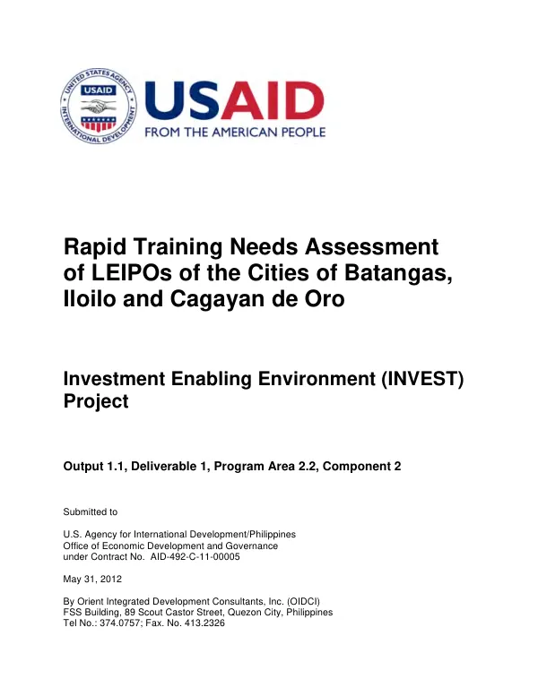 Rapid training needs assessment of LEIPOs of the cities of Batangas, Iloilo and Cagayan de Oro