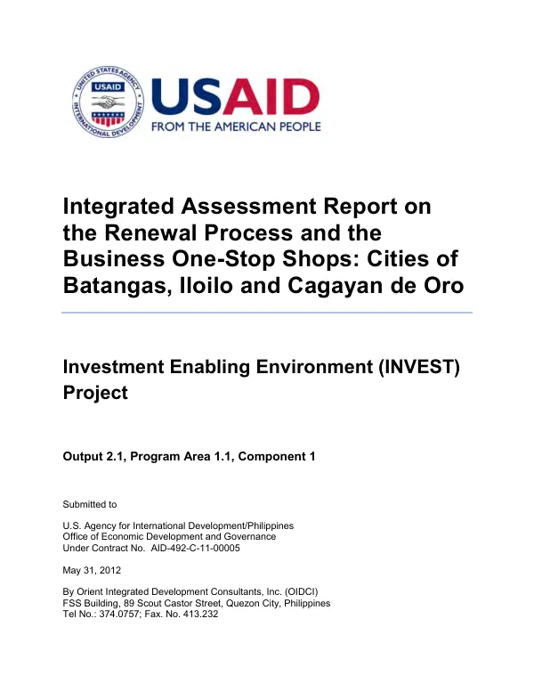 Integrated assessment report on the renewal process and the business one-stop shops : cities of Batangas, Iloilo and Cagayan de Oro