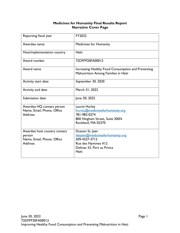 Medicines for Humanity Final Results Report