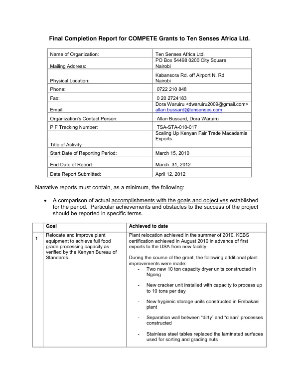 Scaling up Kenyan fair trade macadamia exports : final completion report for COMPETE grants to Ten Senses Africa Ltd.