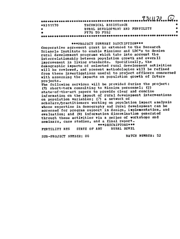 Midterm evaluation of rural development and fertility : project 931-1170