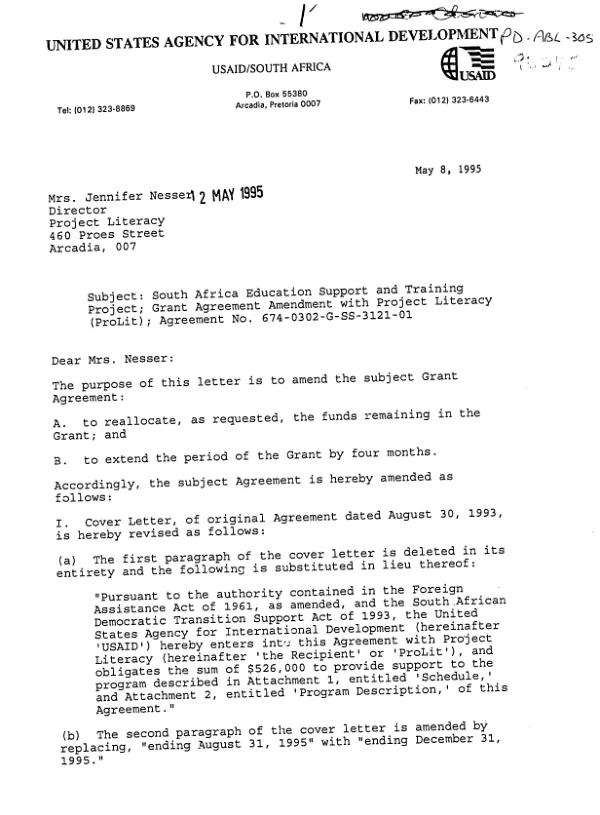 AID grant agreement amendment no. 674-0302-G-SS-3121-00 with Project Literacy (ProLit) in support of the South Africa education support and training project