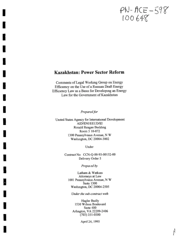 Comments of legal working group on energy efficiency on the use of a Russian draft energy efficiency law as a basis for developing an energy law for the government of Kazakhstan