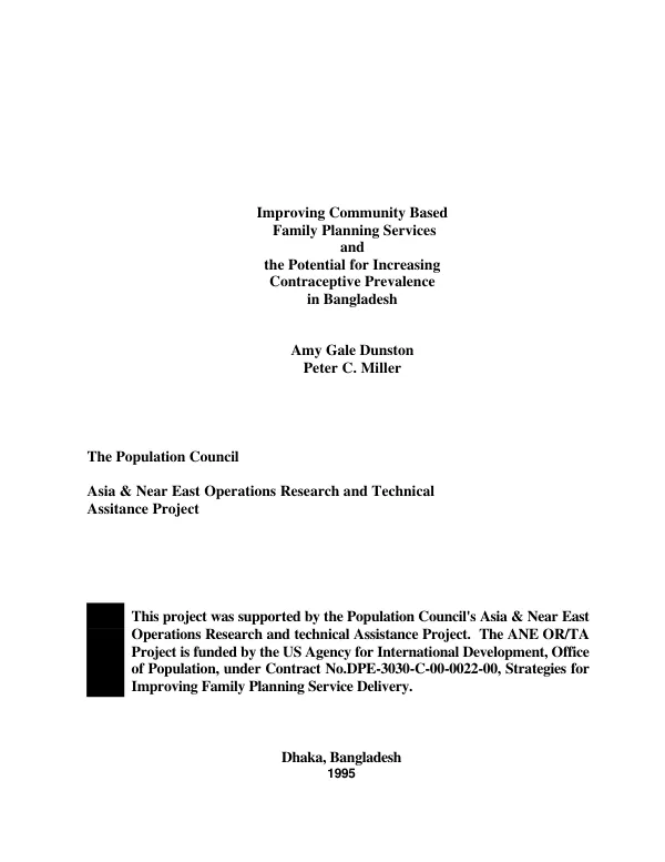 Improving community based family planning services and the potential for increasing contraceptive prevalence in Bangladesh : final report