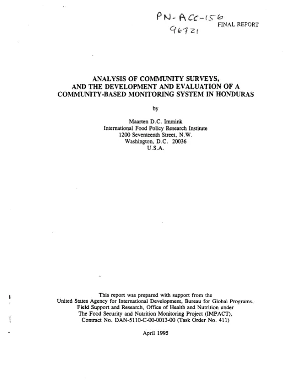 Analysis of community surveys, and the development and evaluation of a community-based monitoring system in Honduras : final report