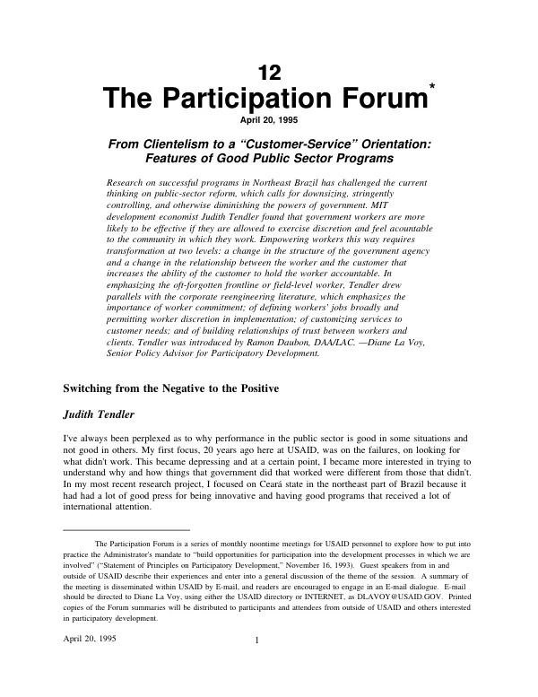 From clientelism to a "customer-service" orientation : features of good public sector programs