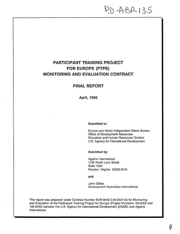 Participant training project for Europe (PTPE) -- monitoring and evaluation contract : final report