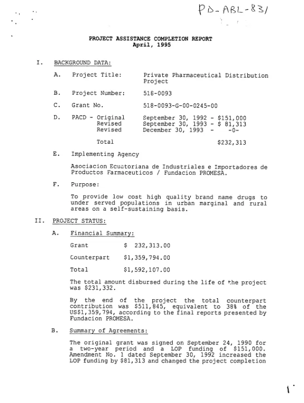 Project assistance completion report : private pharmaceutical distribution
