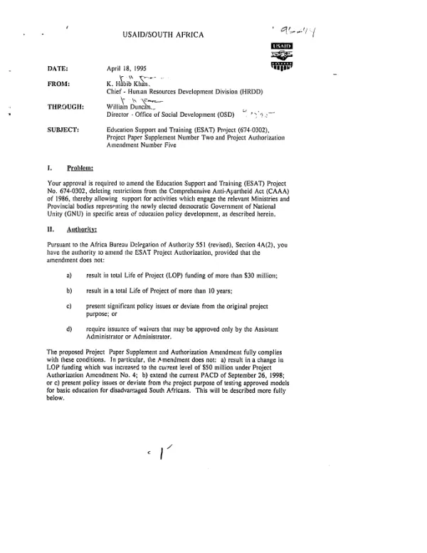 Action memorandum for the Mission Director, USAID/South Africa : education support and training (ESAT) project (674-0302), project paper supplement number two and project authorization amendment number five