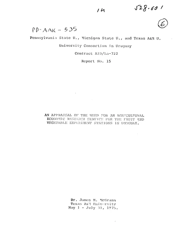 Appraisal of the need for an agricultural economic research service for the fruit and vegetable experiment stations in Uruguay