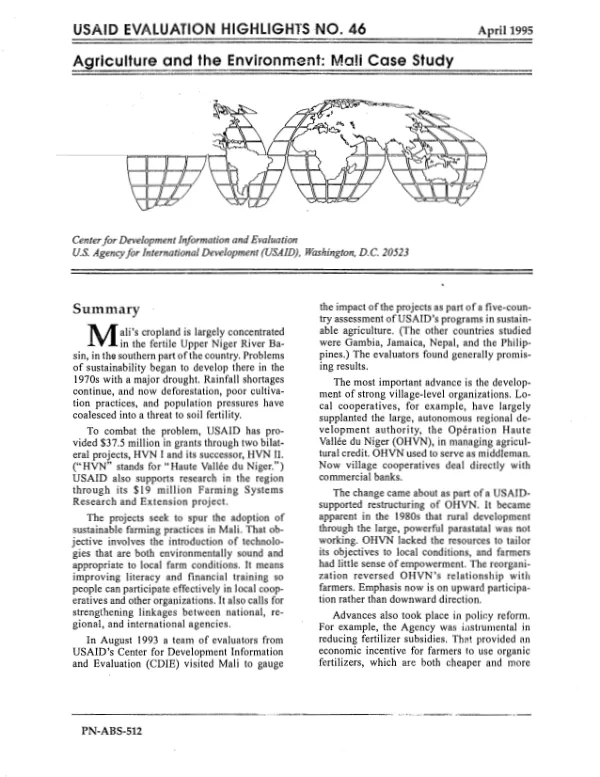 Agriculture and the environment : Mali case study