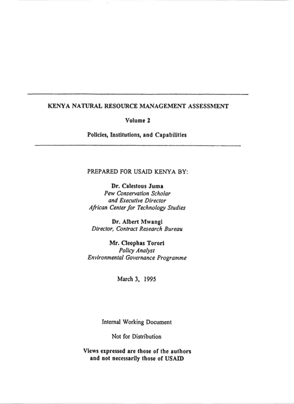 Kenya natural resources management assessment. Volume 2. Policies, institutions, and capabilities