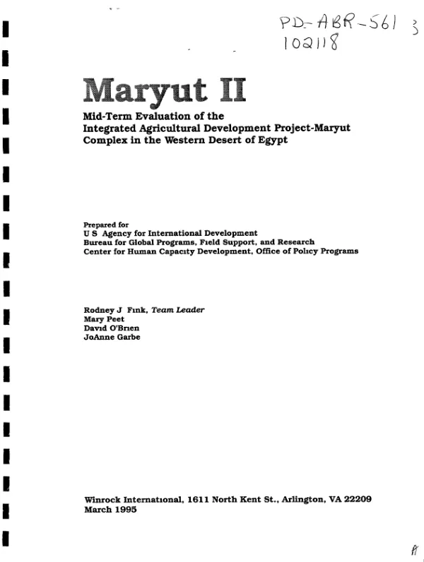 MARYUT II : mid-term evaluation of the integrated agricultural development project-MARYUT complex in the western desert of Egypt